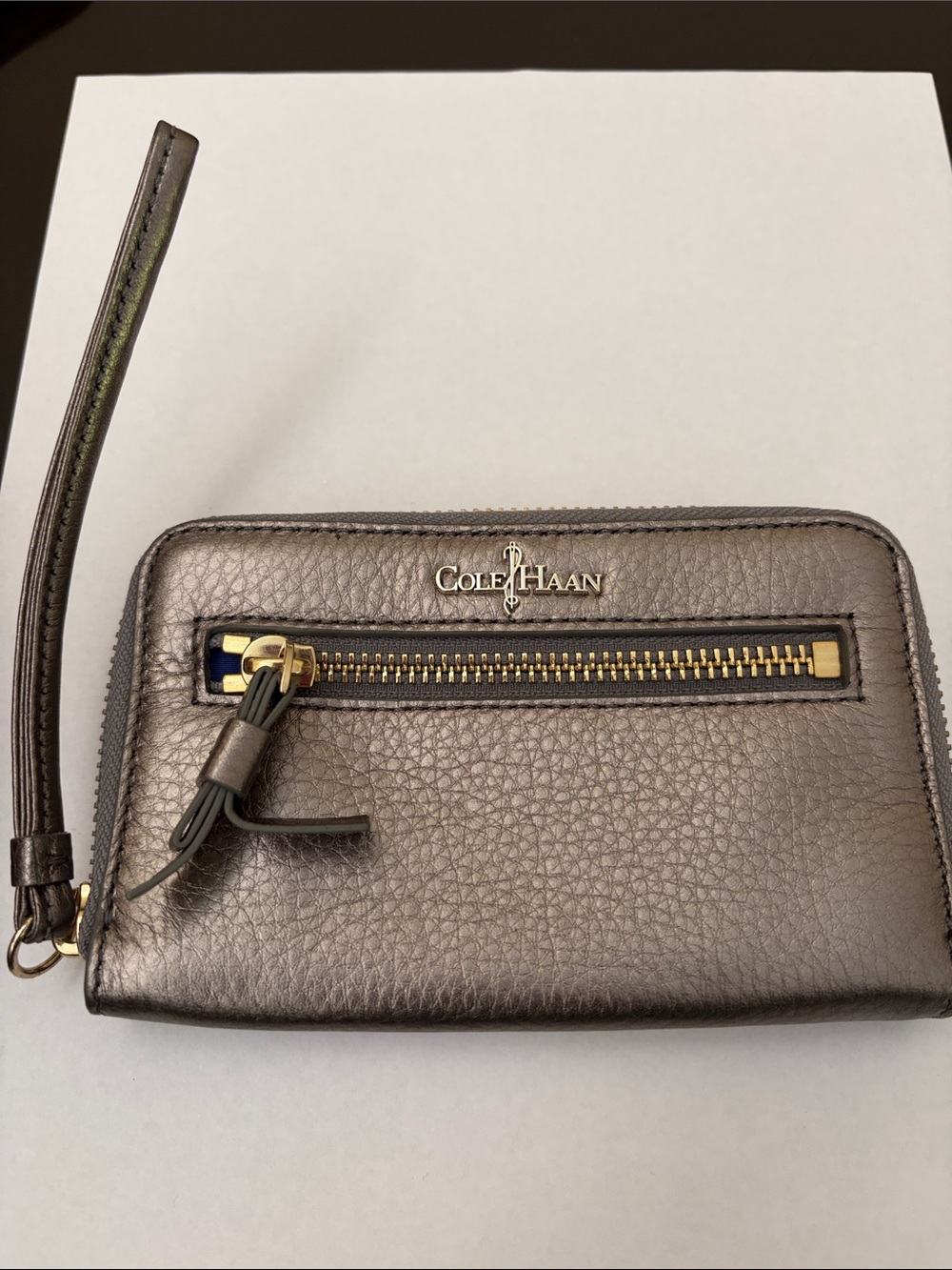 Cole Haan Metallic Silver Leather Wristlet with Gold Hardware